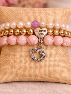 Pink Turquoise Pearl Bracelet Set 3pc Silver Heart Charm Gift Ready Jewelry